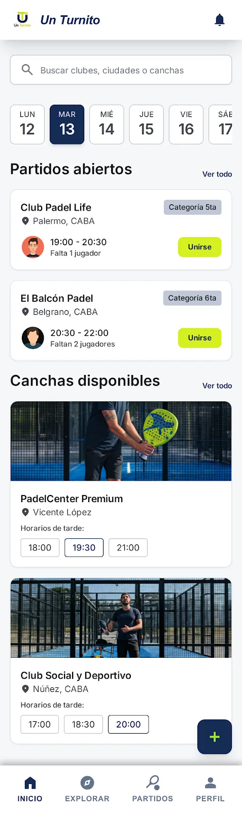 App de Un Turnito para reservar canchas y unirse a partidos