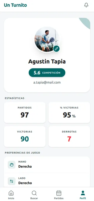 Perfil de jugador con ranking y estadísticas en Un Turnito