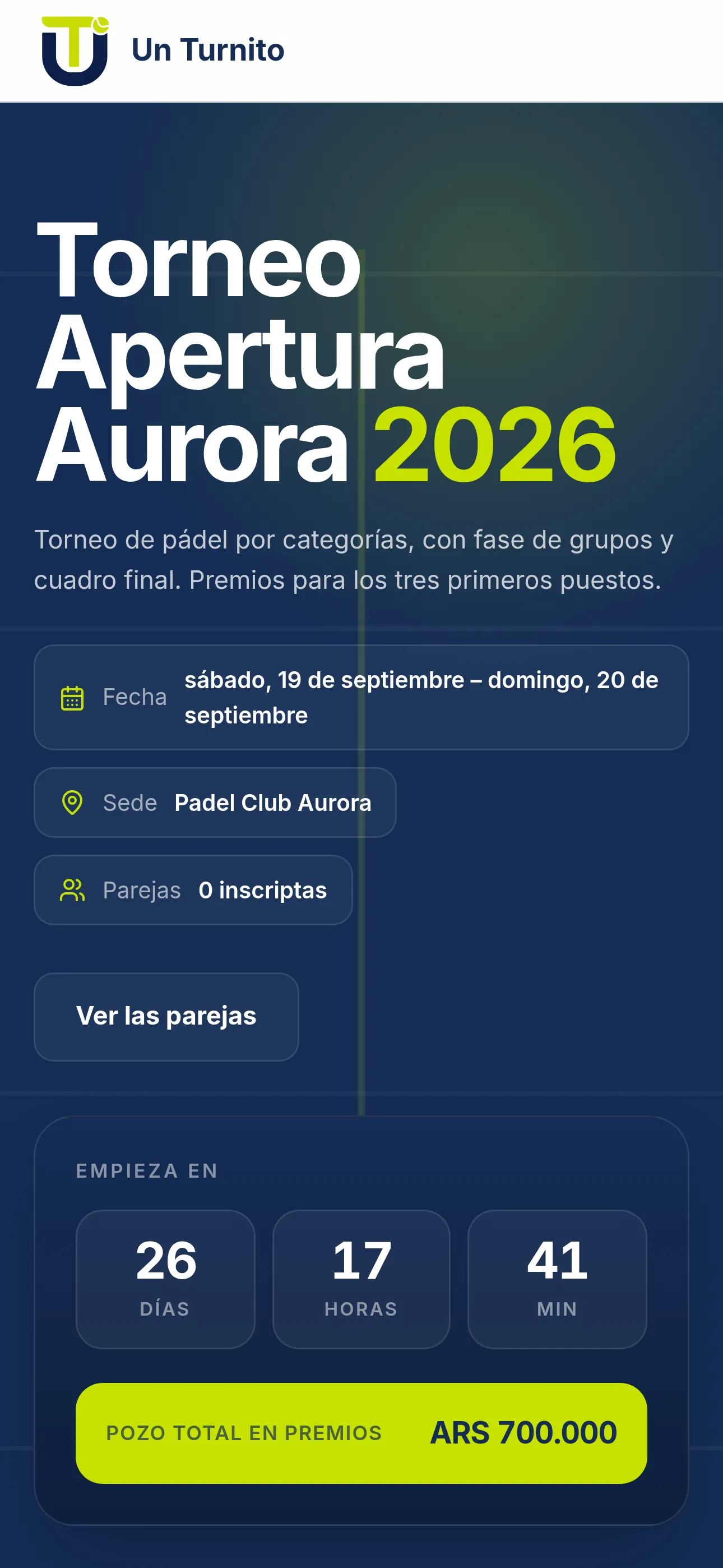Página pública de un torneo en Un Turnito con la fecha, la sede, la cuenta regresiva y el pozo en premios
